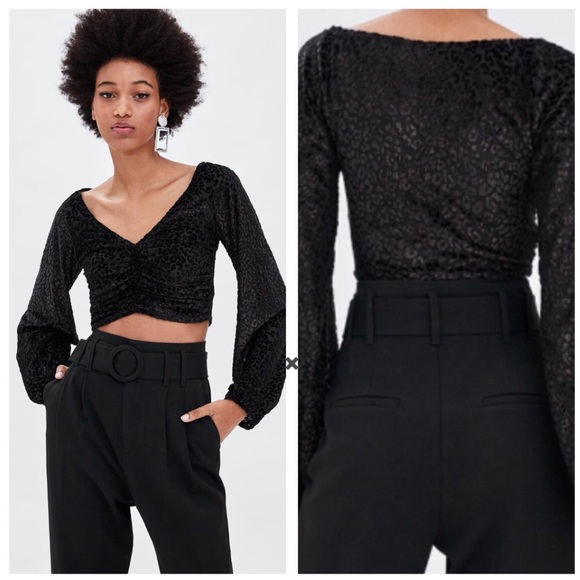 Zara | Tops | Zara Black Metallic Animal Print Velvet Crop Top | Poshmark
